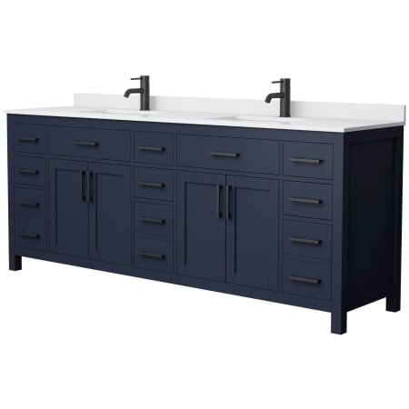 A large image of the Wyndham Collection WCG242484D-UNSMXX Dark Blue / White Cultured Marble Top / Matte Black Hardware