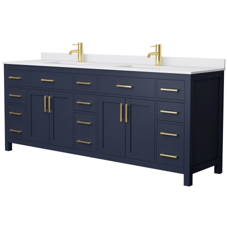 A large image of the Wyndham Collection WCG242484D-UNSMXX Dark Blue / White Cultured Marble Top / Brushed Gold Hardware