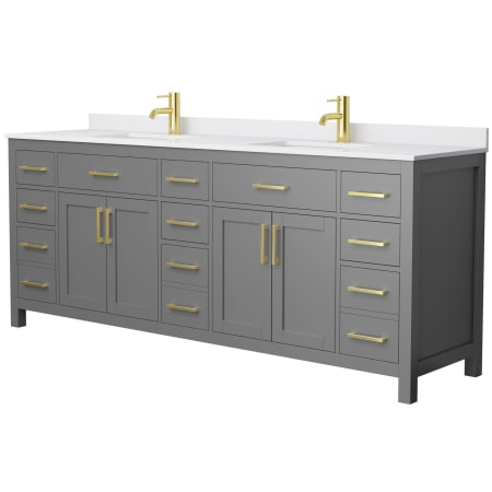 A large image of the Wyndham Collection WCG242484D-UNSMXX Dark Gray / White Cultured Marble Top / Brushed Gold Hardware