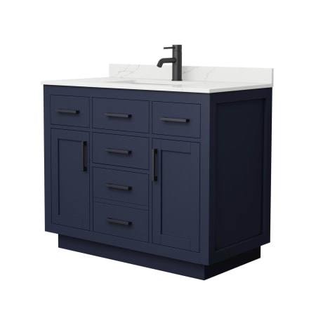 A large image of the Wyndham Collection WCG262642S-QTZ-UNSMXX Dark Blue / Giotto Quartz Top / Matte Black Hardware