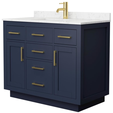 A large image of the Wyndham Collection WCG262642S-VCA-UNSMXX Dark Blue / Carrara Cultured Marble Top / Brushed Gold Hardware