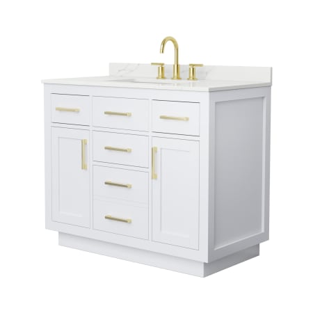 A large image of the Wyndham Collection WCG262642S-QTZ-US3MXX White / Giotto Quartz Top / Brushed Gold Hardware