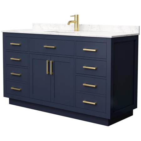 A large image of the Wyndham Collection WCG262660S-VCA-UNSMXX Dark Blue / Carrara Cultured Marble Top / Brushed Gold Hardware