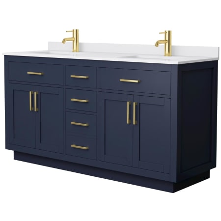 A large image of the Wyndham Collection WCG262666D-VCA-UNSMXX Dark Blue / White Cultured Marble Top / Brushed Gold Hardware