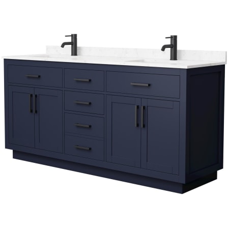 A large image of the Wyndham Collection WCG262672D-VCA-UNSMXX Dark Blue / Carrara Cultured Marble Top / Matte Black Hardware