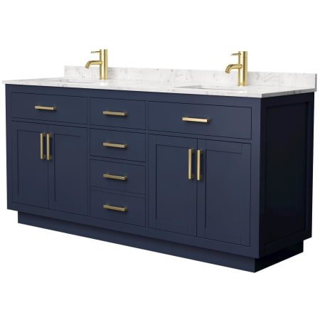 A large image of the Wyndham Collection WCG262672D-VCA-UNSMXX Dark Blue / Carrara Cultured Marble Top / Brushed Gold Hardware