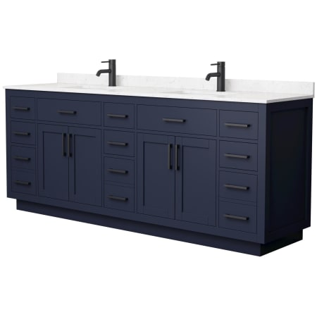 A large image of the Wyndham Collection WCG262684D-VCA-UNSMXX Dark Blue / Carrara Cultured Marble Top / Matte Black Hardware