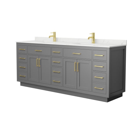 A large image of the Wyndham Collection WCG262684D-QTZ-UNSMXX Dark Gray / Giotto Quartz Top / Brushed Gold Hardware