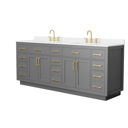 A large image of the Wyndham Collection WCG262684D-QTZ-US3MXX Dark Gray / White Quartz Top / Brushed Gold Hardware