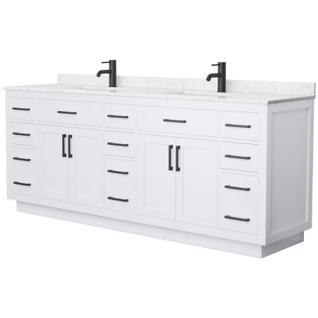 A large image of the Wyndham Collection WCG262684D-VCA-UNSMXX White / Carrara Cultured Marble Top / Matte Black Hardware