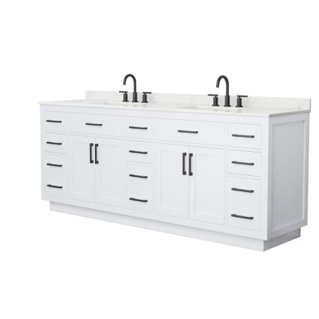 A large image of the Wyndham Collection WCG262684D-QTZ-US3MXX White / Giotto Quartz Top / Matte Black Hardware