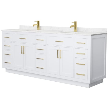 A large image of the Wyndham Collection WCG262684D-VCA-UNSMXX White / Carrara Cultured Marble Top / Brushed Gold Hardware