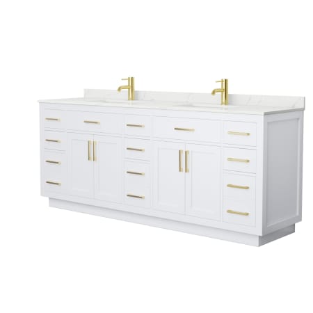 A large image of the Wyndham Collection WCG262684D-QTZ-UNSMXX White / Giotto Quartz Top / Brushed Gold Hardware