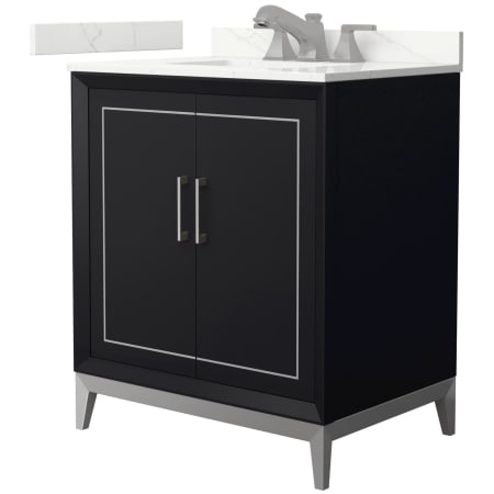 A large image of the Wyndham Collection WCH515130S-QTZ-US3MXX Black / Giotto Quartz Top / Brushed Nickel Hardware