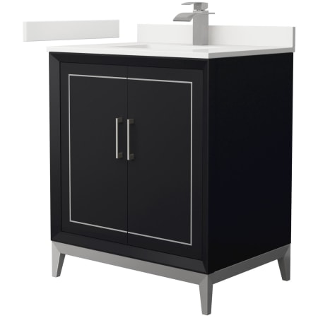 A large image of the Wyndham Collection WCH515130S-QTZ-UNSMXX Black / White Quartz Top / Brushed Nickel Hardware