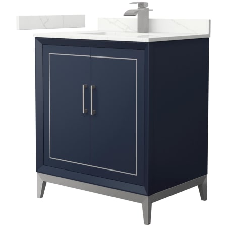 A large image of the Wyndham Collection WCH515130S-QTZ-UNSMXX Dark Blue / Giotto Quartz Top / Brushed Nickel Hardware