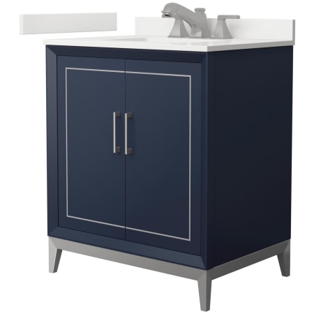 A large image of the Wyndham Collection WCH515130S-QTZ-US3MXX Dark Blue / White Quartz Top / Brushed Nickel Hardware