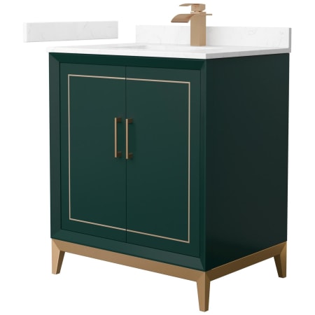 A large image of the Wyndham Collection WCH515130S-VCA-UNSMXX Green / Carrara Cultured Marble Top / Satin Bronze Hardware
