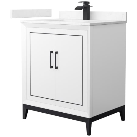 A large image of the Wyndham Collection WCH515130S-VCA-UNSMXX White / Carrara Cultured Marble Top / Matte Black Hardware