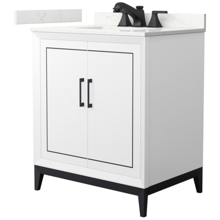 A large image of the Wyndham Collection WCH515130S-QTZ-US3MXX White / Giotto Quartz Top / Matte Black Hardware