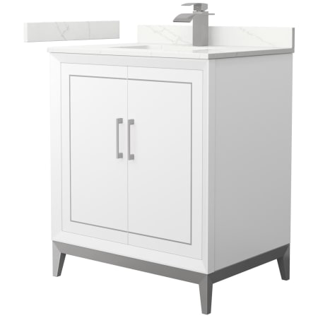 A large image of the Wyndham Collection WCH515130S-QTZ-UNSMXX White / Giotto Quartz Top / Brushed Nickel Hardware