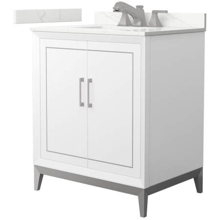 A large image of the Wyndham Collection WCH515130S-QTZ-US3MXX White / Giotto Quartz Top / Brushed Nickel Hardware