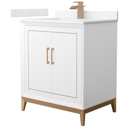 A large image of the Wyndham Collection WCH515130S-VCA-UNSMXX White / Carrara Cultured Marble Top / Satin Bronze Hardware