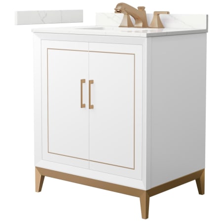 A large image of the Wyndham Collection WCH515130S-QTZ-US3MXX White / Giotto Quartz Top / Satin Bronze Hardware