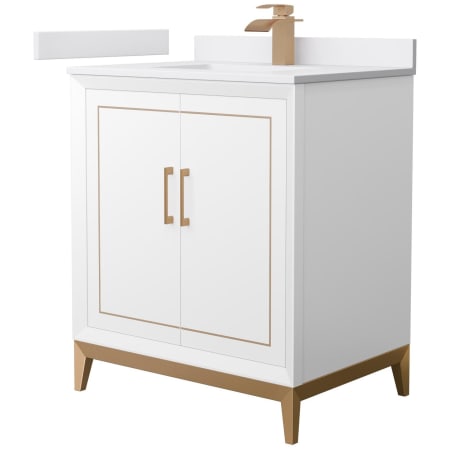 A large image of the Wyndham Collection WCH515130S-VCA-UNSMXX White / White Cultured Marble Top / Satin Bronze Hardware
