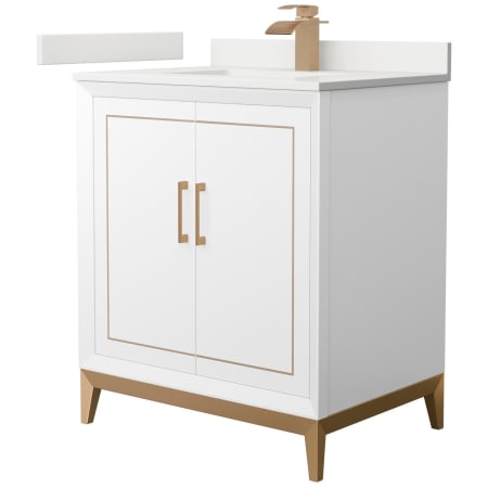 A large image of the Wyndham Collection WCH515130S-QTZ-UNSMXX White / White Quartz Top / Satin Bronze Hardware