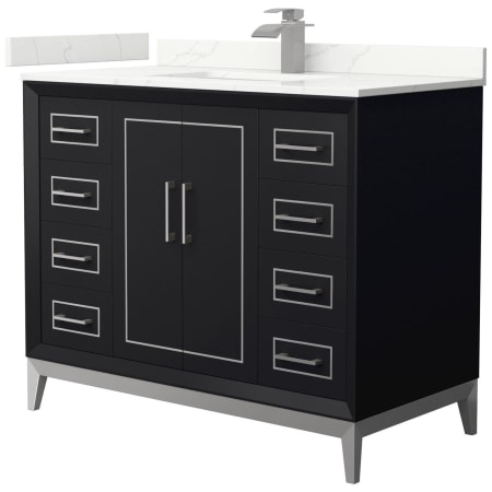 A large image of the Wyndham Collection WCH515142S-QTZ-UNSMXX Black / Giotto Quartz Top / Brushed Nickel Hardware