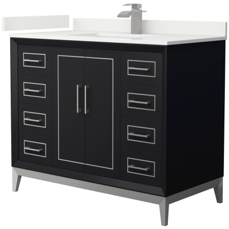A large image of the Wyndham Collection WCH515142S-QTZ-UNSMXX Black / White Quartz Top / Brushed Nickel Hardware