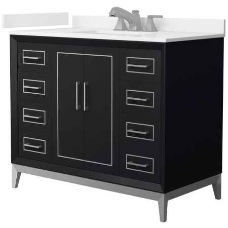 A large image of the Wyndham Collection WCH515142S-QTZ-US3MXX Black / White Quartz Top / Brushed Nickel Hardware