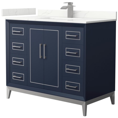 A large image of the Wyndham Collection WCH515142S-QTZ-UNSMXX Dark Blue / Giotto Quartz Top / Brushed Nickel Hardware