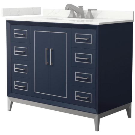A large image of the Wyndham Collection WCH515142S-QTZ-US3MXX Dark Blue / Giotto Quartz Top / Brushed Nickel Hardware