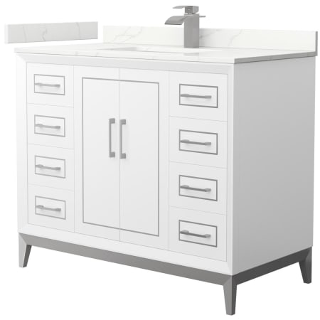 A large image of the Wyndham Collection WCH515142S-QTZ-UNSMXX White / Giotto Quartz Top / Brushed Nickel Hardware