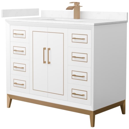 A large image of the Wyndham Collection WCH515142S-VCA-UNSMXX White / Carrara Cultured Marble Top / Satin Bronze Hardware