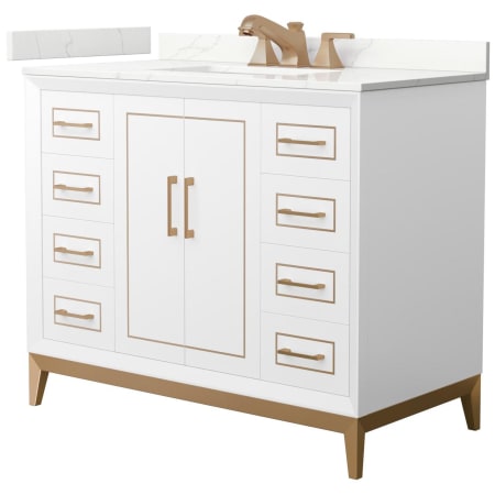 A large image of the Wyndham Collection WCH515142S-QTZ-US3MXX White / Giotto Quartz Top / Satin Bronze Hardware