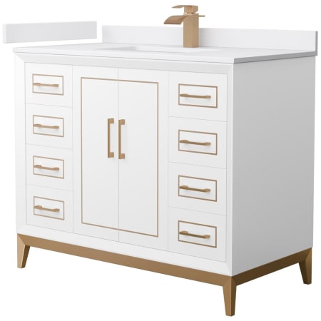 A large image of the Wyndham Collection WCH515142S-VCA-UNSMXX White / White Cultured Marble Top / Satin Bronze Hardware