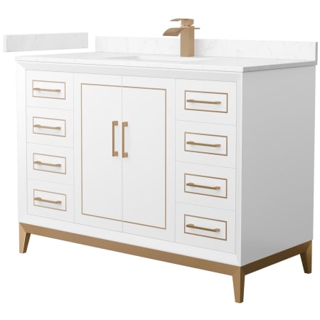 A large image of the Wyndham Collection WCH515148S-VCA-UNSMXX White / Carrara Cultured Marble Top / Satin Bronze Hardware