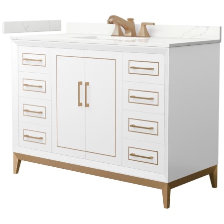 A large image of the Wyndham Collection WCH515148S-QTZ-US3MXX White / Giotto Quartz Top / Satin Bronze Hardware