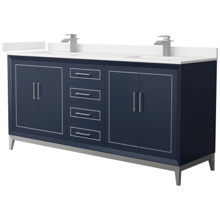 A large image of the Wyndham Collection WCH515172D-QTZ-UNSMXX Dark Blue / White Quartz Top / Brushed Nickel Hardware