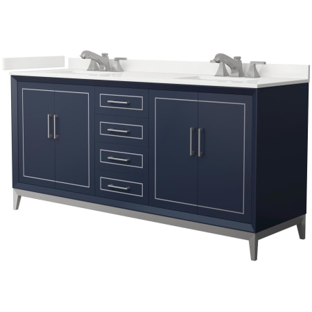 A large image of the Wyndham Collection WCH515172D-QTZ-US3MXX Dark Blue / White Quartz Top / Brushed Nickel Hardware