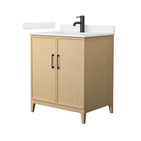 A large image of the Wyndham Collection WCH717130S-VCA-UNSMXX White Oak / Carrara Cultured Marble Top / Matte Black Hardware