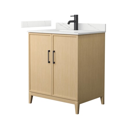 A large image of the Wyndham Collection WCH717130S-QTZ-UNSMXX White Oak / Giotto Quartz Top / Matte Black Hardware