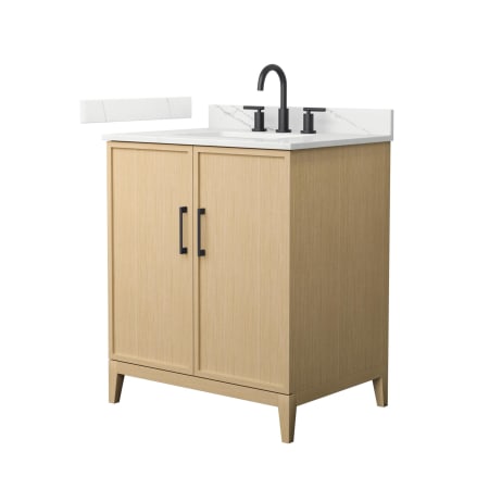 A large image of the Wyndham Collection WCH717130S-QTZ-US3MXX White Oak / Giotto Quartz Top / Matte Black Hardware