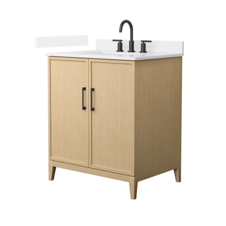 A large image of the Wyndham Collection WCH717130S-QTZ-US3MXX White Oak / White Quartz Top / Matte Black Hardware