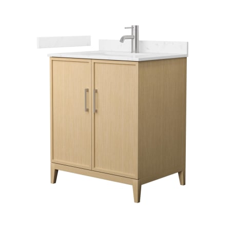 A large image of the Wyndham Collection WCH717130S-VCA-UNSMXX White Oak / Carrara Cultured Marble Top / Brushed Nickel Hardware