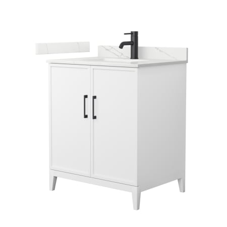 A large image of the Wyndham Collection WCH717130S-QTZ-UNSMXX White / Giotto Quartz Top / Matte Black Hardware