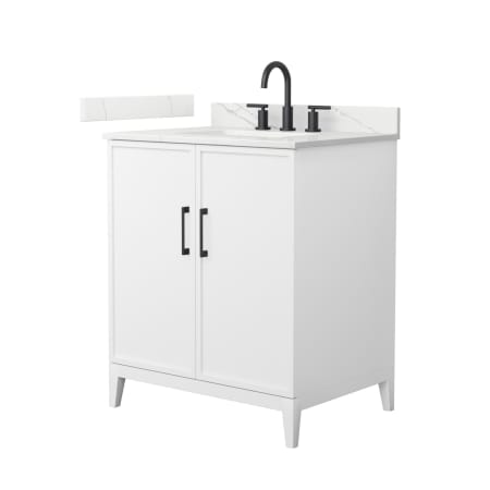 A large image of the Wyndham Collection WCH717130S-QTZ-US3MXX White / Giotto Quartz Top / Matte Black Hardware